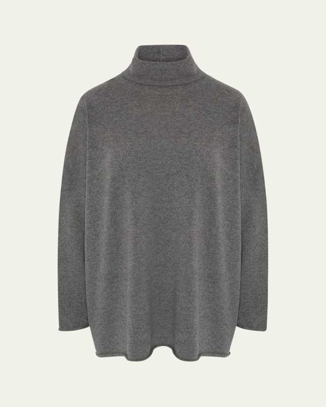 Slim-Sleeve Raw Edge Scrunch-Neck Sweater (Mid Plus Length)